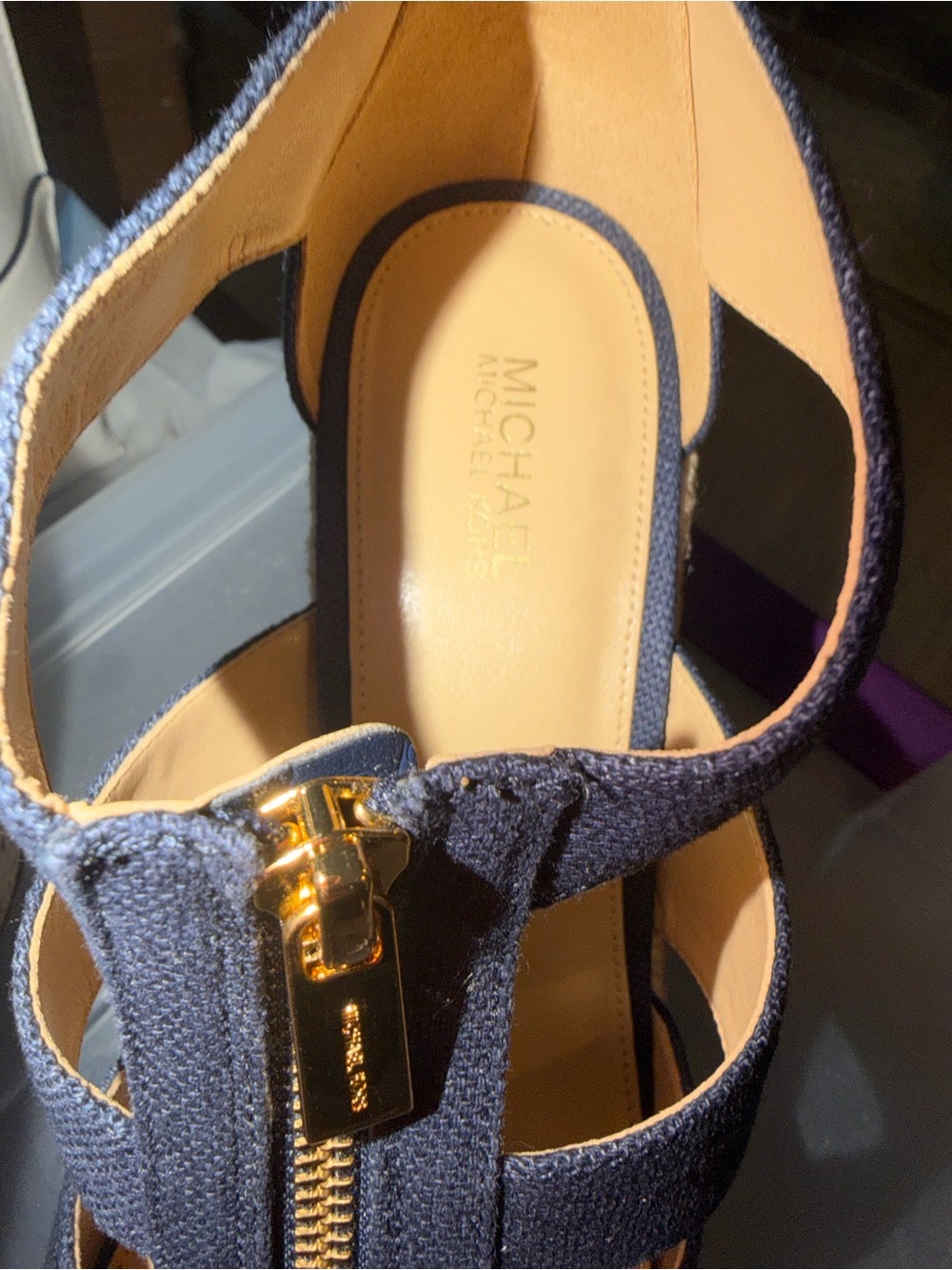 Michael Kors Navy Canvas Espadrille Wedge Sandals with Gold Zip - Picture 4 of 5